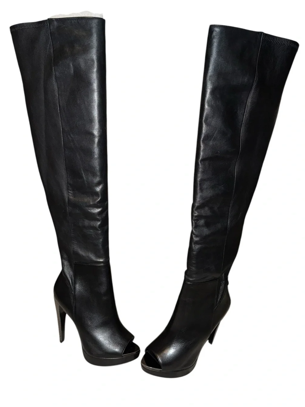 Herve Leger Nora metallic-studded heel Black Leather Over-the-Knee PeepToe Boots